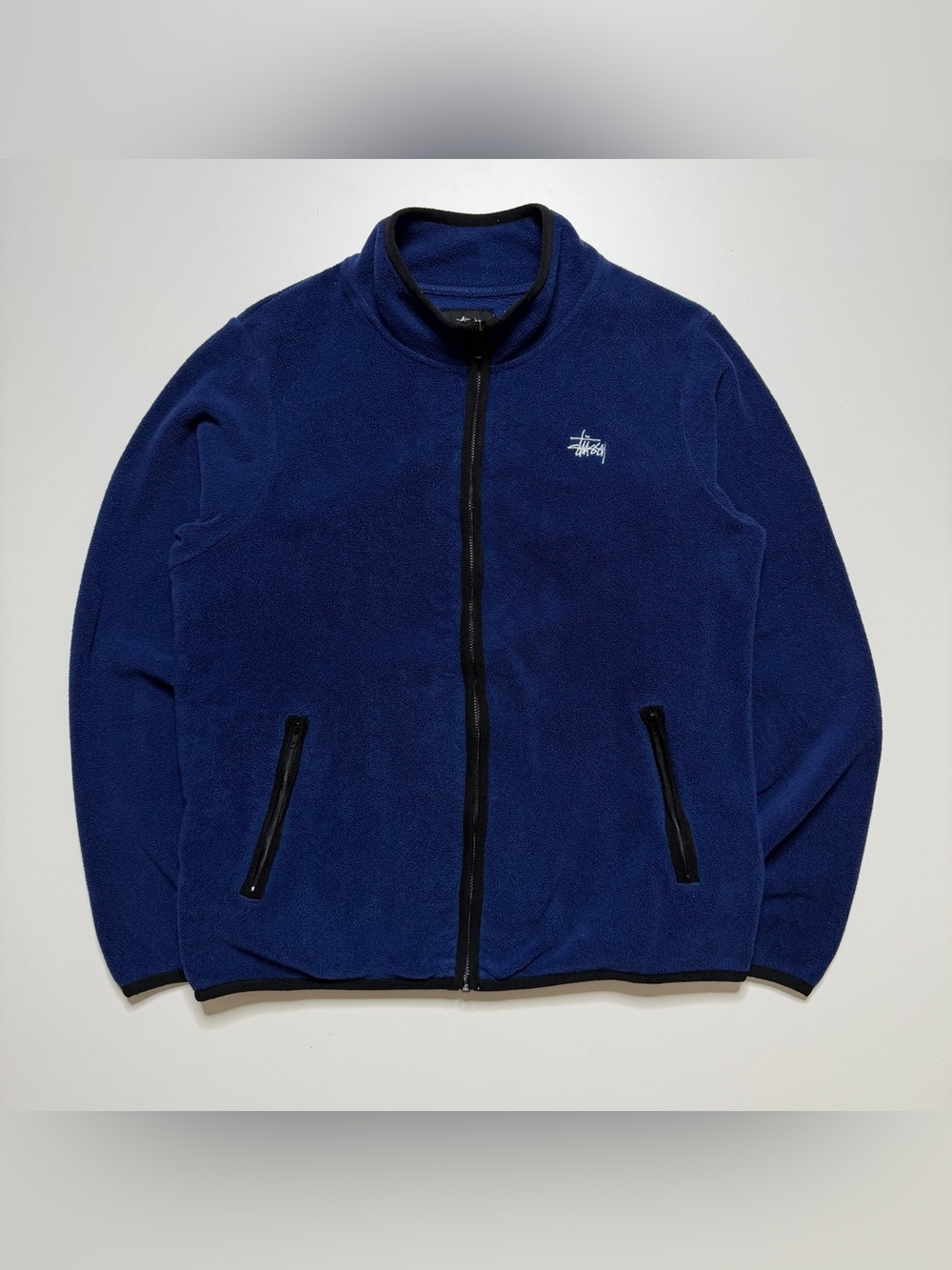 Vintage Stussy Fleece Full Zip Jacket Womens Large Blue Black Trim Y2K